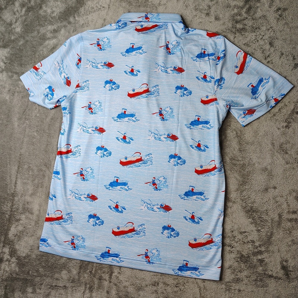 Waggle Lake‎ Life Polo Shirt Mens 2XL Light Blue Boat Print Performance Stretch - Picture 6 of 11